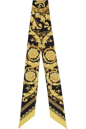 VERSACE Foulard noir et jaune en soie à motif Barocco