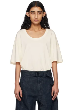 LEMAIRE T-shirt blanc cassé à encolure en tricot côtelé