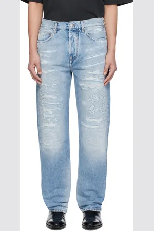 AMIRI Jean droit bleu à effet usé et à quadrigrammes