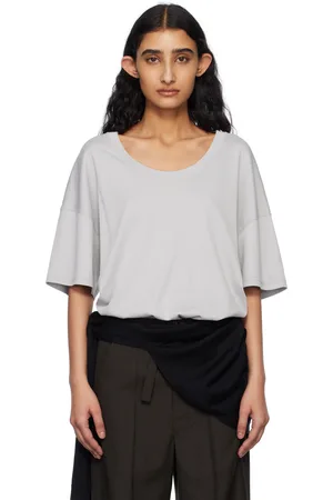 LEMAIRE T-shirt gris à encolure en tricot côtelé