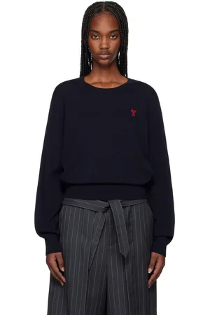 Ami Pull bleu marine en laine à col ras du cou et à logo Ami de cœur