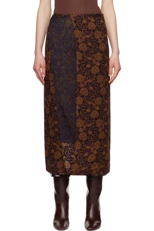 DRIES VAN NOTEN Jupe midi brune en soie à motif fleuri