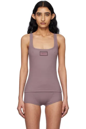 VERSACE Débardeur mauve en jersey côtelé à logo rétro 