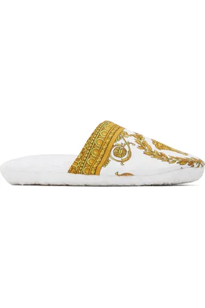 VERSACE Pantoufles blanc et jaune à motif I Love Baroque