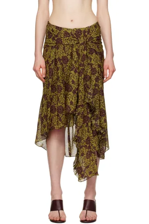 DRIES VAN NOTEN Jupe midi vert et bourgogne à motif fleuri