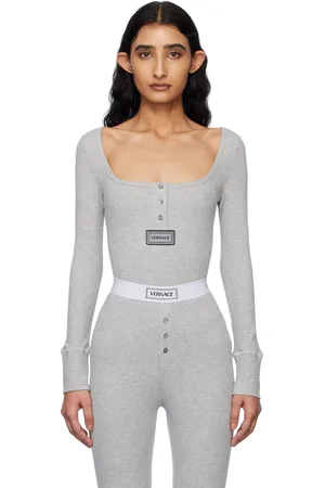 VERSACE T-shirt gris en jersey côtelé à logo rétro 