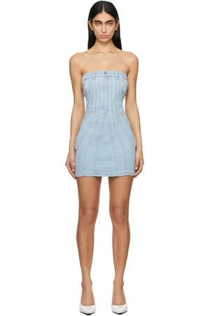 MUGLER Robe courte de style bustier bleue en denim à assemblage en spirale