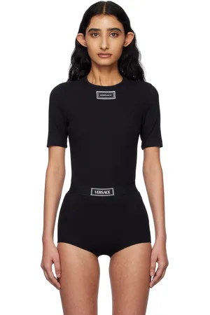 VERSACE T-shirt noir en jersey côtelé à logo rétro 