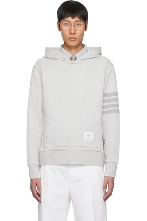 Thom Browne Pull à capuche gris en tricot double face à quatre rayures
