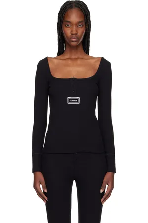 VERSACE T-shirt noir en jersey côtelé à logo rétro 