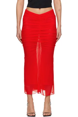 MUGLER Jupe midi rouge en filet à effet ruché