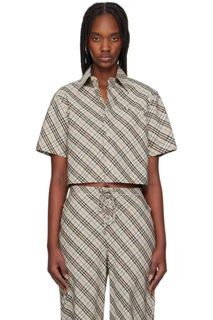 Burberry Chemise écourtée taupe en coton à carreaux