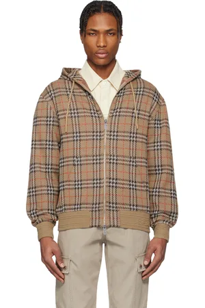 Burberry Pull à capuche brun en coton à carreaux à glissière