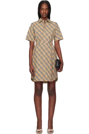 Burberry Robe chemise midi beige en coton à carreaux