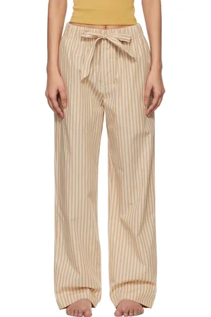 Tekla Pantalon de pyjama brun clair et beige en popeline