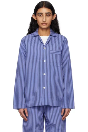Tekla Chemise de pyjama à manches longues bleu et noir en popeline