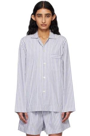 Tekla Chemise de pyjama à manches longues blanc et bleu en popeline