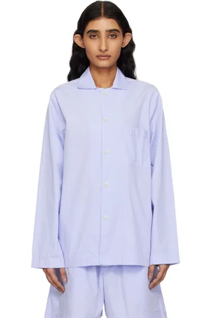 Tekla Chemise de pyjama à manches longues bleue en popeline