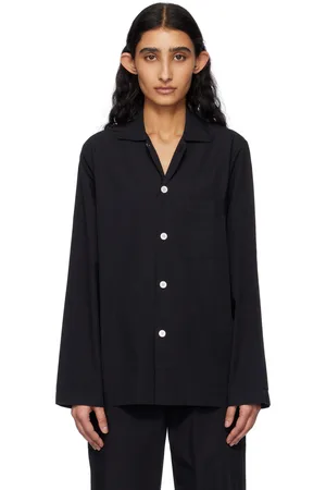 Tekla Chemise de pyjama à manches longues noire en popeline