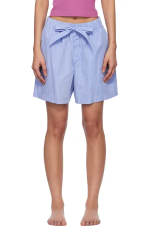 Tekla Short de pyjama bleu et blanc en popeline