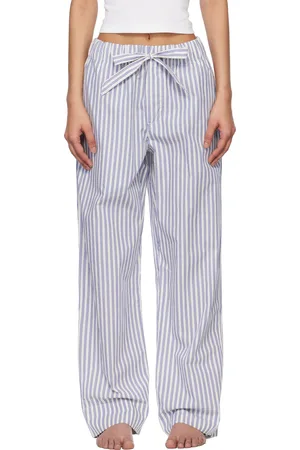 Tekla Pantalon de pyjama blanc et bleu en popeline