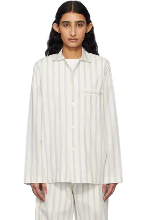 Tekla Chemise de pyjama à manches longues blanc et bleu en popeline
