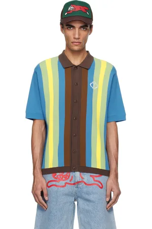 ICECREAM Polo à manches courtes bleu et brun en tricot à rayures en jacquard