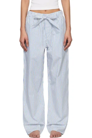 Tekla Pantalon de pyjama blanc cassé et bleu en popeline