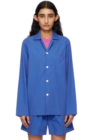Tekla Chemise de pyjama à manches longues bleue en popeline
