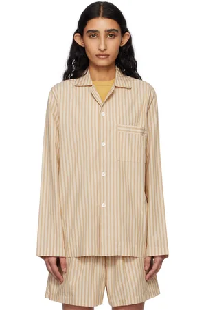 Tekla Chemise de pyjama à manches longues brun clair et beige en popeline