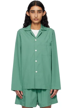 Tekla Chemise de pyjama à manches longues verte en popeline