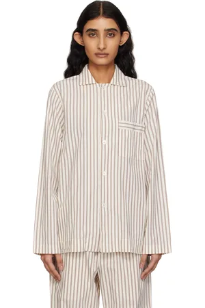 Tekla Chemise de pyjama à manches longues brun et blanc cassé en popeline
