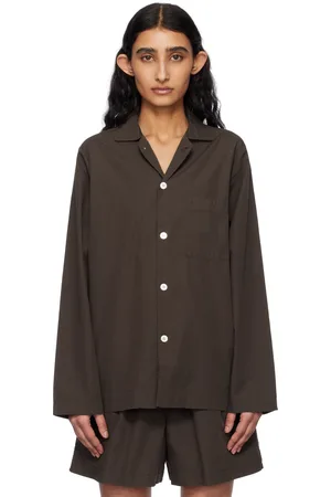Tekla Chemise de pyjama à manches longues brune en popeline