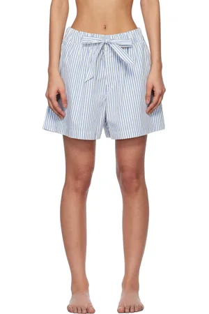 Tekla Short de pyjama blanc cassé et bleu en popeline