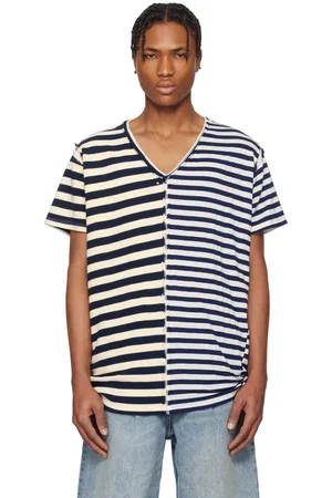 GREG LAUREN T-shirt bleu marine et blanc cassé à rayures et à panneaux