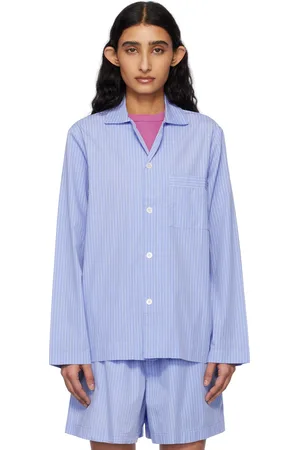 Tekla Chemise de pyjama à manches longues bleu et blanc en popeline