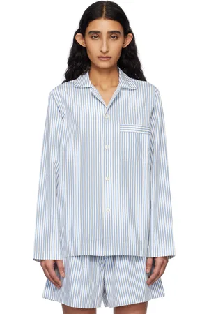 Tekla Chemise de pyjama à manches longues blanc cassé et bleu en popeline