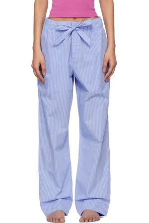 Tekla Pantalon de pyjama bleu et blanc en popeline