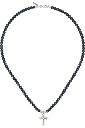 EMANUELE BICOCCHI Collier noir et argenté à perles et à pendentif de croix exclusif à SSENSE