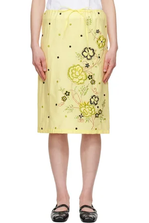 Kenzo Jupe midi droite jaune à image de pivoines brodée
