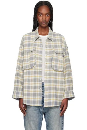 R13 Chemise surdimensionnée blanc cassé et jaune à emmanchures basses et à poches