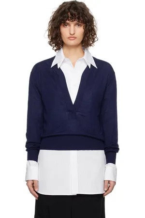 Recto Henley en tricot semi-transparent bleu à col en V plongeant