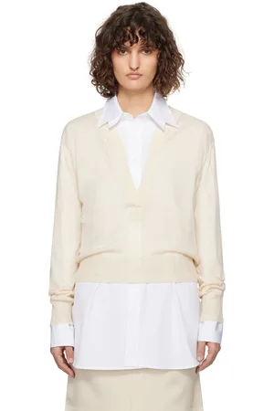 Recto Henley en tricot semi-transparent blanc cassé à col en V plongeant