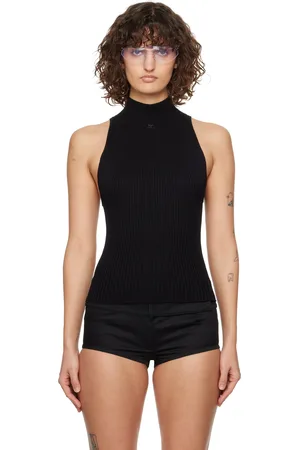 Courrèges Débardeur noir en tricot côtelé à col cheminée