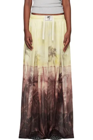 Palm Angels Pantalon jaune et brun en filet à motif de coucher de soleil et palmiers