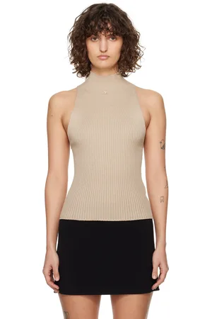 Courrèges Débardeur brun en tricot côtelé à col cheminée