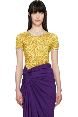 DRIES VAN NOTEN T-shirt contrasté jaune et mauve à motif imprimé