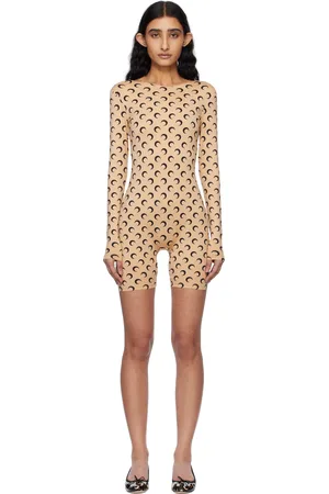 Marine Serre Combinaison moulante courte beige en jersey de nylon recyclé à motif à logos exclusive à SSENSE