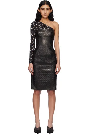 Marine Serre Robe midi noire en cuir à motif Moonogram gaufré