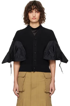 SACAI Cardigan noir en sergé de nylon et en tricot